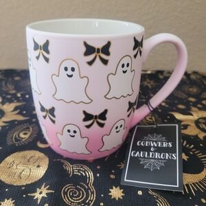 Cobwebs and Cauldrons Pink Ghost and bow mug